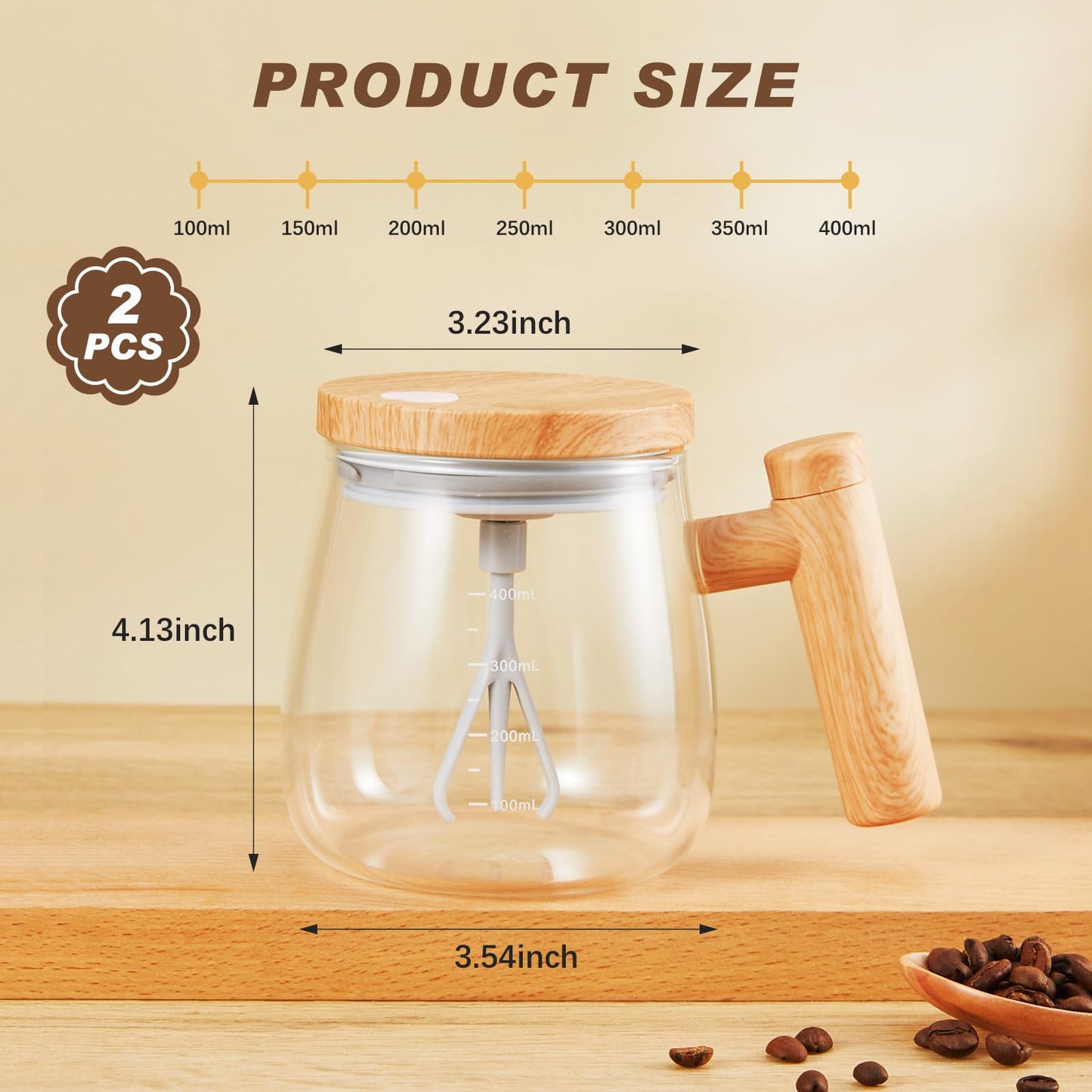 KUFUNG 2 Pcs Self Mixing Glass Coffee Mug with Lid Handle Automatic Electric Cup Rotating Blender Mug for Stir Mixed Drink Milk Protein Office Home, Battery Operated, 400ml (Clear)